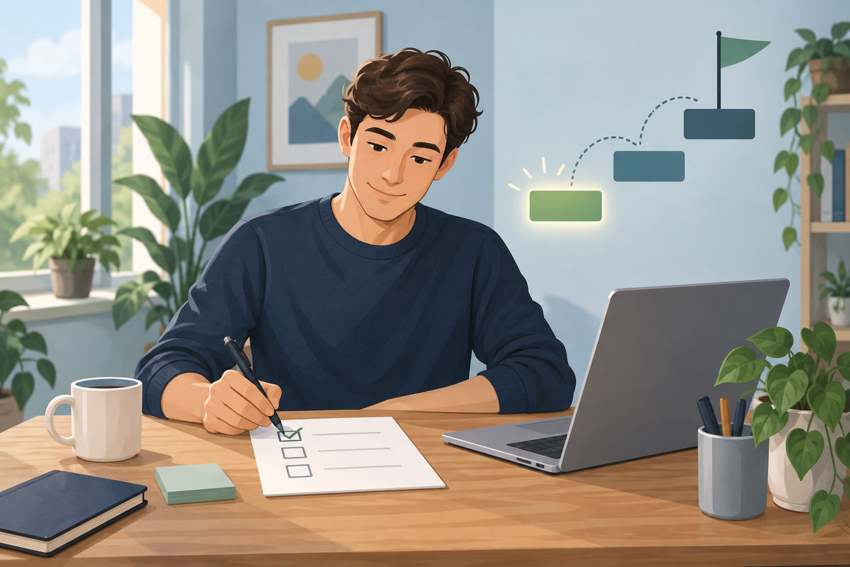 Illustration: Ein Mann hakt den ersten Punkt auf seiner Liste ab, Stufen führen zu einer Fahne