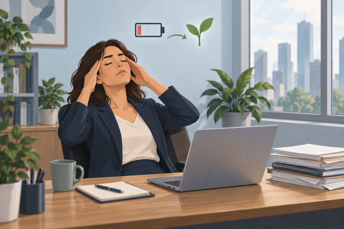 Illustration: Erschöpfte Frau am Schreibtisch, leere Batterie und ein kleiner Spross als Zeichen für Erholung