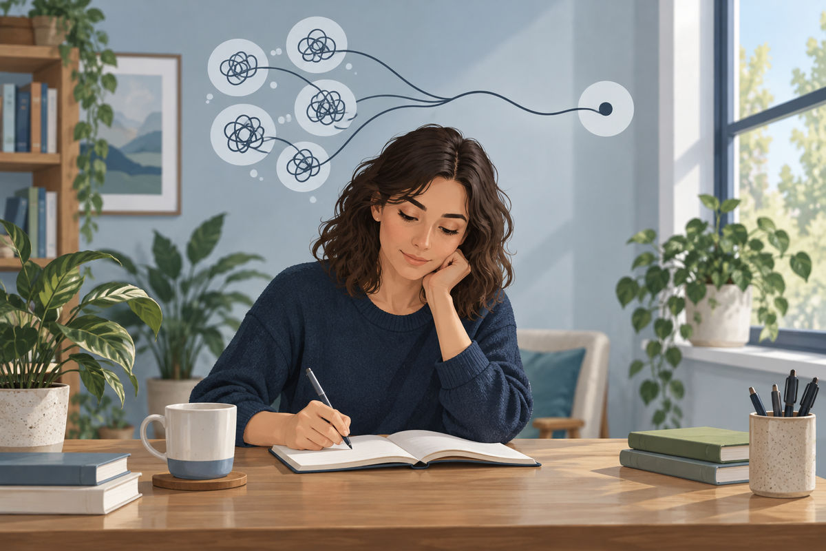Illustration: Eine Frau schreibt konzentriert, verstreute Gedanken laufen in einer Linie zusammen