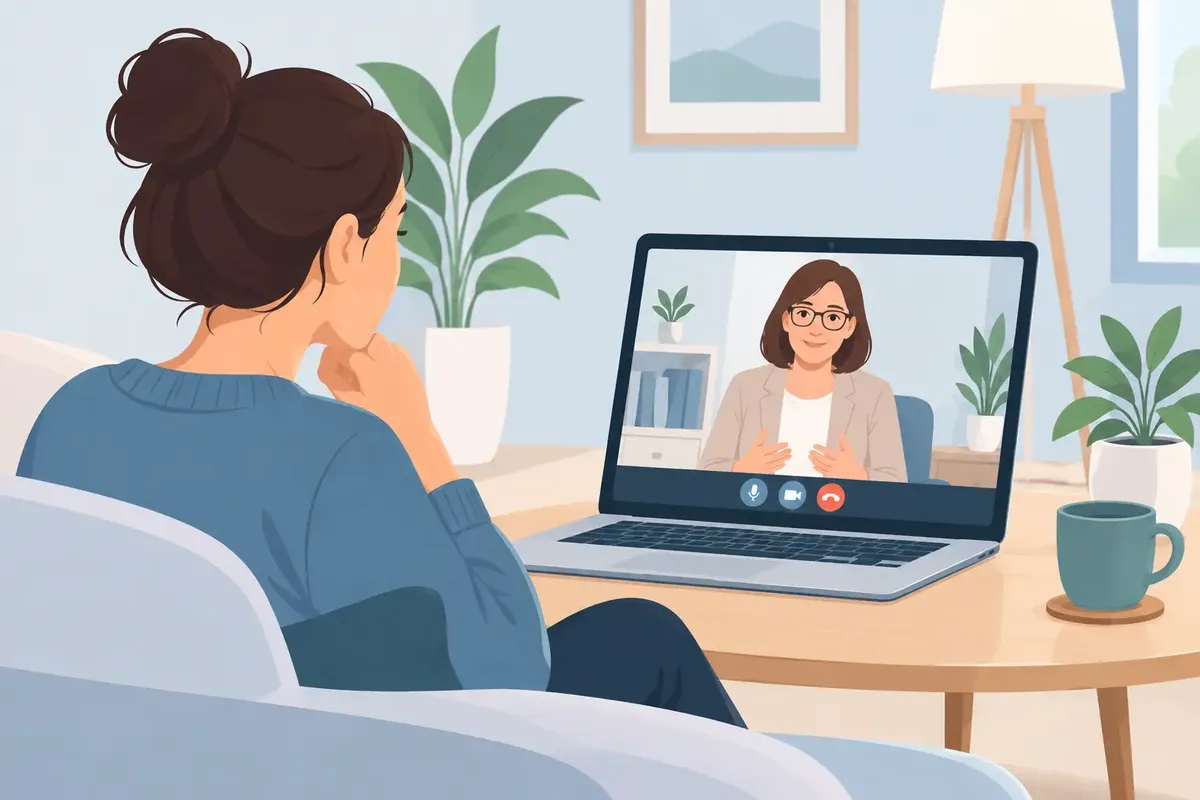 Person at home in a calm room during an online psychotherapy video session on a laptop