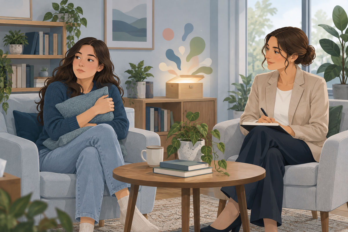 Illustration: Therapiegespräch, im Hintergrund steigen Gefühle aus einer offenen Kiste auf