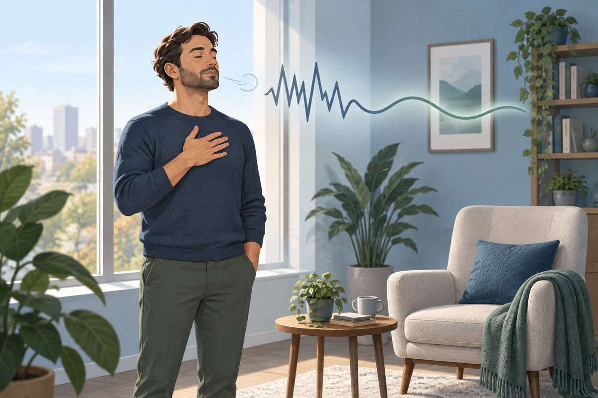 Illustration: Ein Mann atmet am Fenster ruhig aus, eine angespannte Zackenlinie wird ruhig