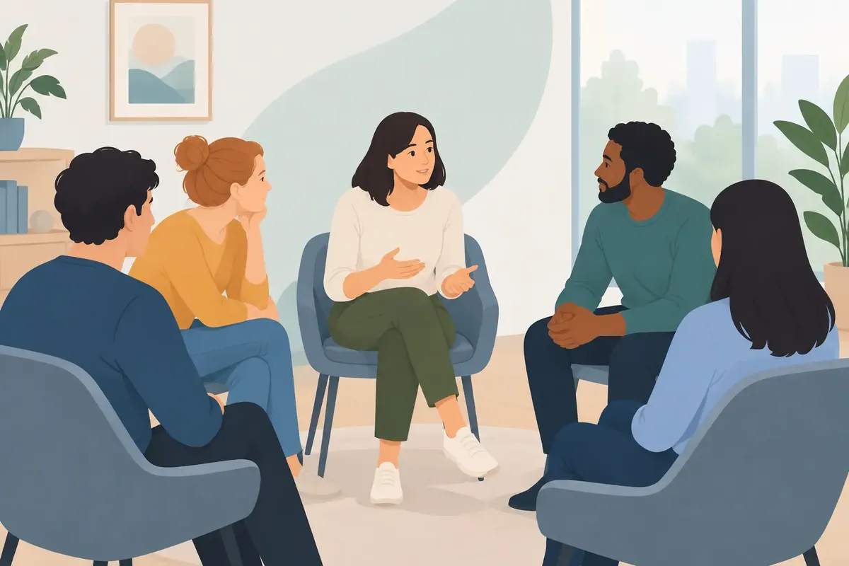 Circle of chairs in a calm, bright group therapy room