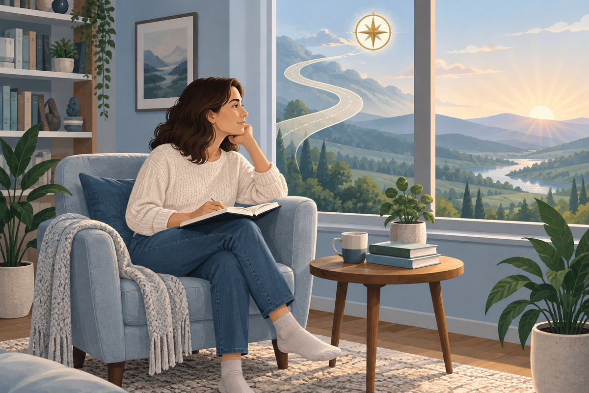 Illustration: Eine Frau mit Tagebuch am Fenster, ein Weg führt zu einem Kompass