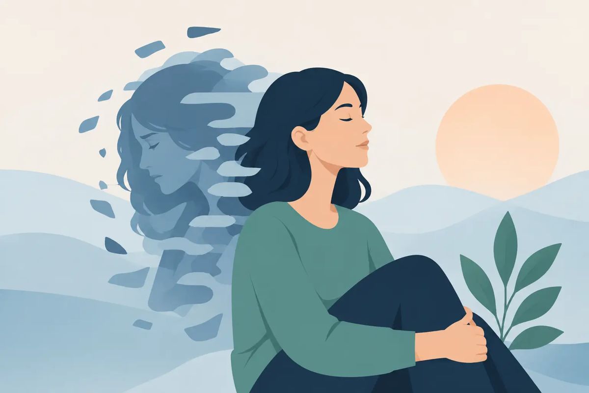 Illustration: eine Frau sitzt ruhig und atmet durch
