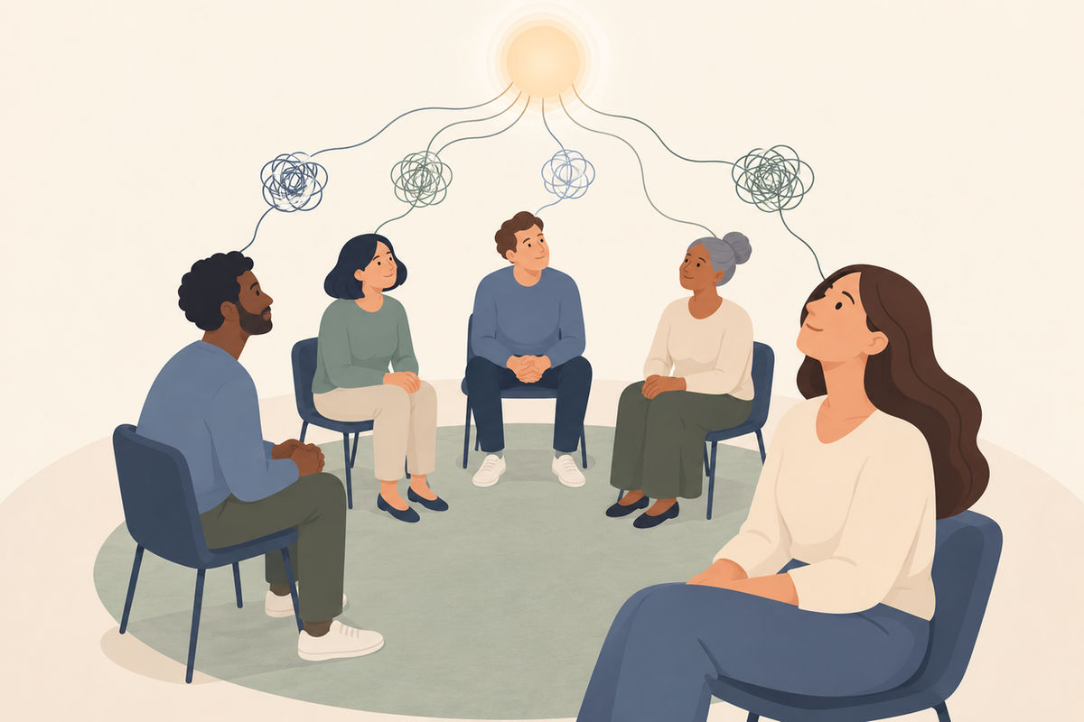 Illustration: Menschen sitzen im Kreis in einer Gruppe