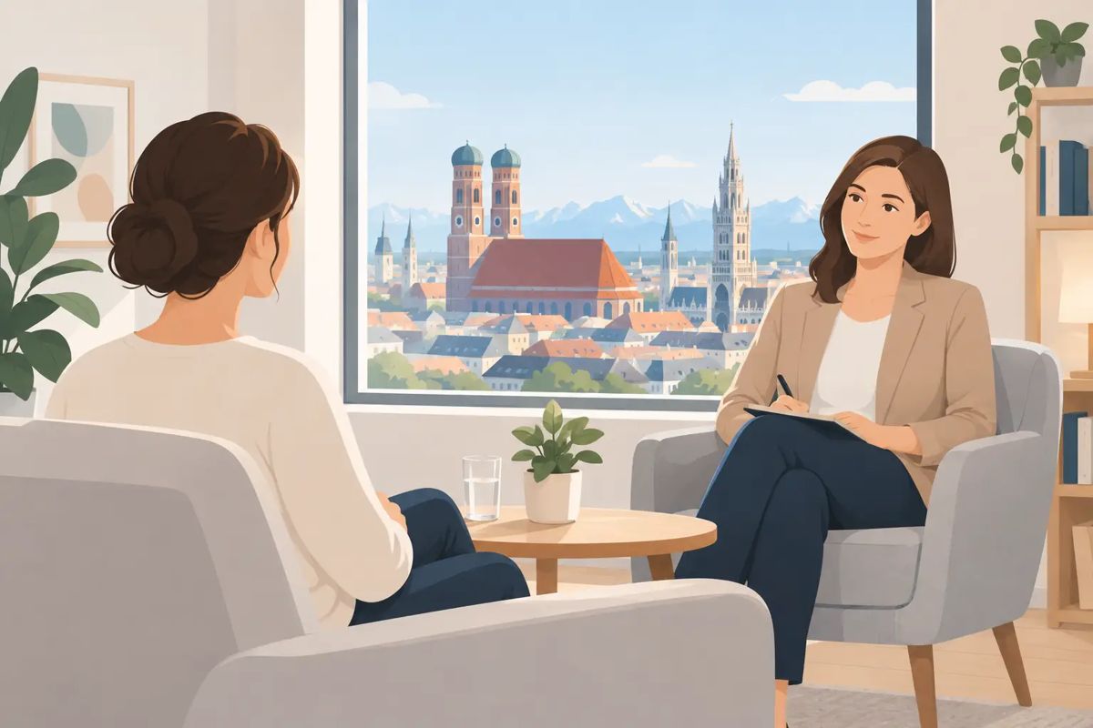Illustration: Gespräch in einer hellen Praxis mit Blick auf die Münchner Frauenkirche